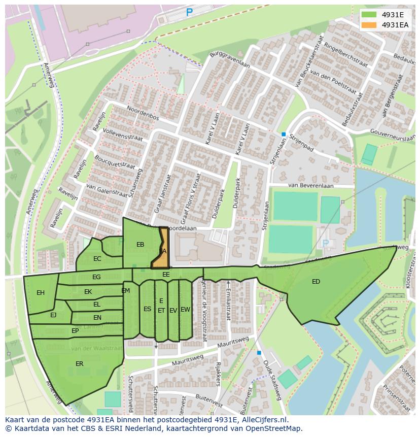 Afbeelding van het postcodegebied 4931 EA op de kaart.