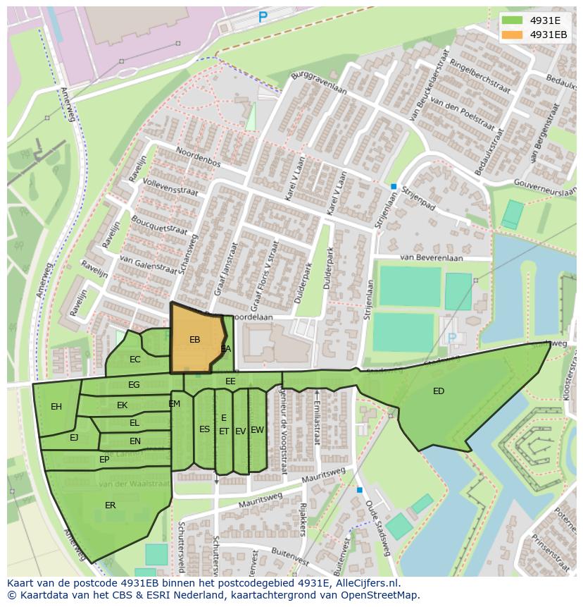 Afbeelding van het postcodegebied 4931 EB op de kaart.