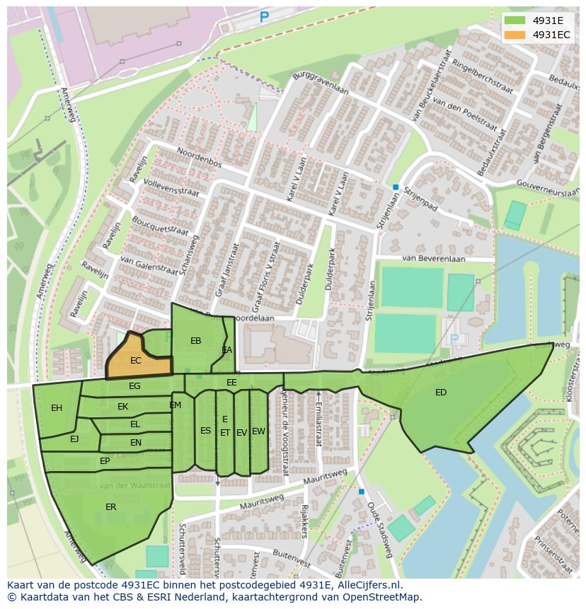 Afbeelding van het postcodegebied 4931 EC op de kaart.