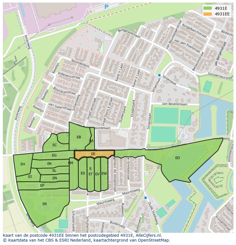 Afbeelding van het postcodegebied 4931 EE op de kaart.
