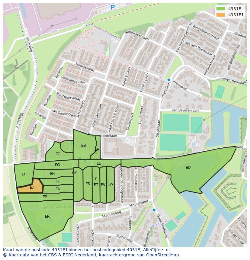 Afbeelding van het postcodegebied 4931 EJ op de kaart.