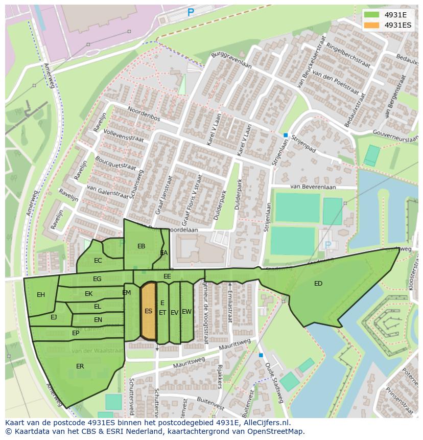 Afbeelding van het postcodegebied 4931 ES op de kaart.