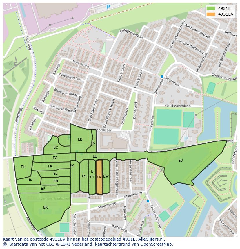 Afbeelding van het postcodegebied 4931 EV op de kaart.