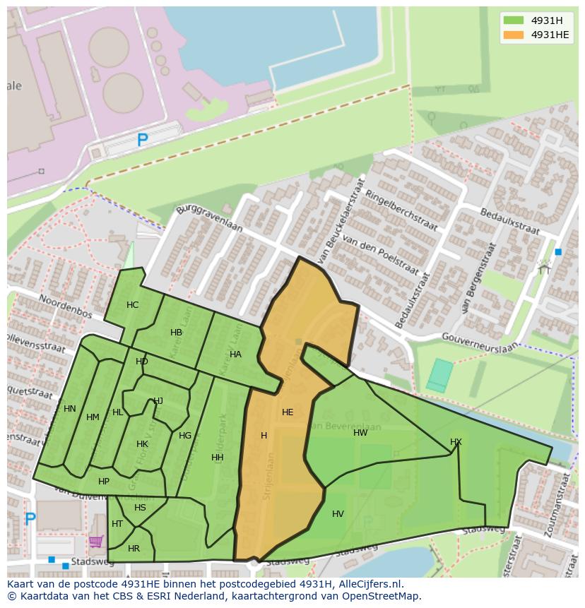 Afbeelding van het postcodegebied 4931 HE op de kaart.