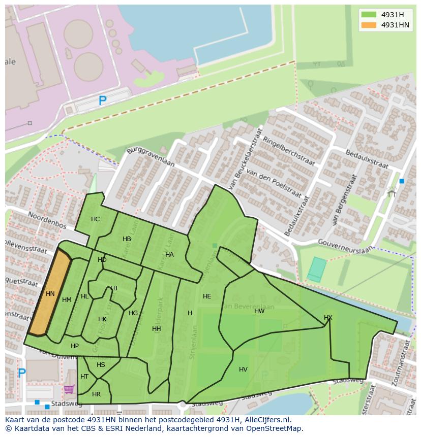 Afbeelding van het postcodegebied 4931 HN op de kaart.