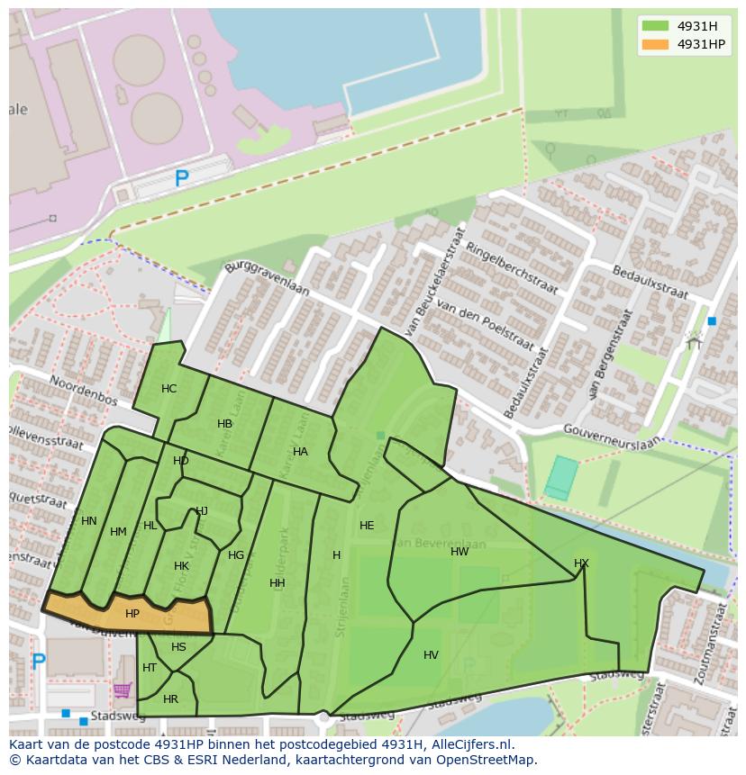 Afbeelding van het postcodegebied 4931 HP op de kaart.