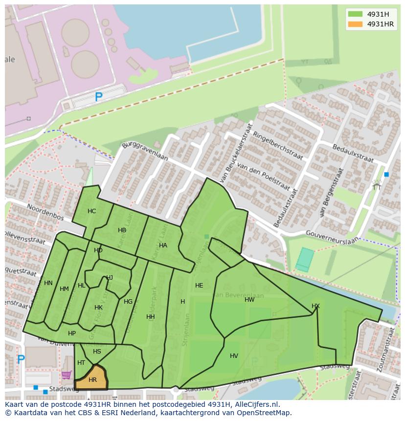 Afbeelding van het postcodegebied 4931 HR op de kaart.