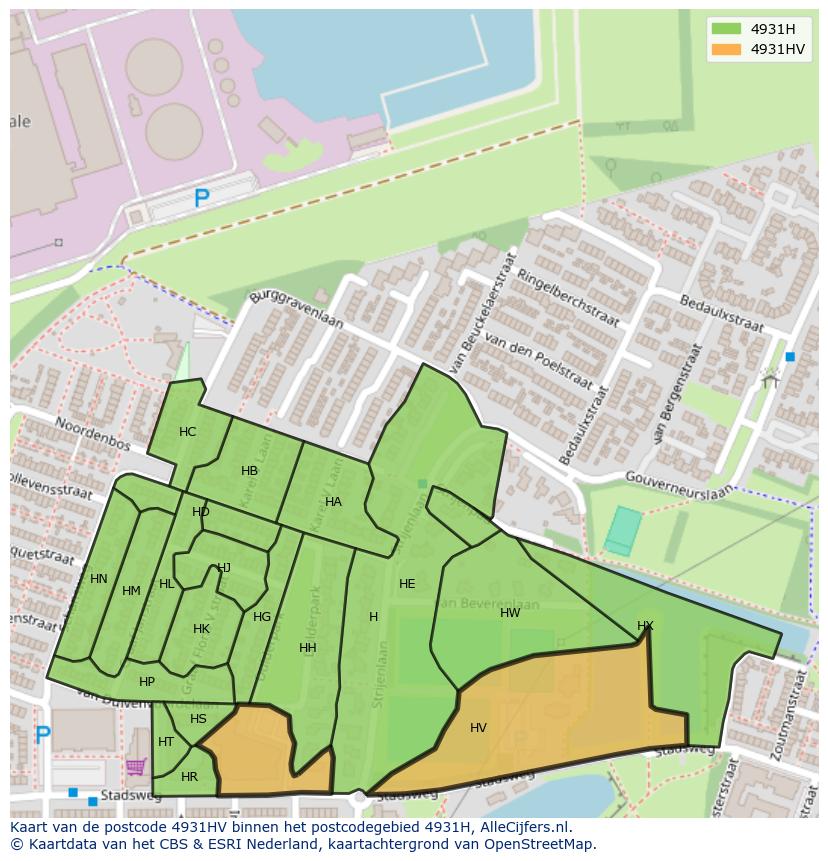 Afbeelding van het postcodegebied 4931 HV op de kaart.