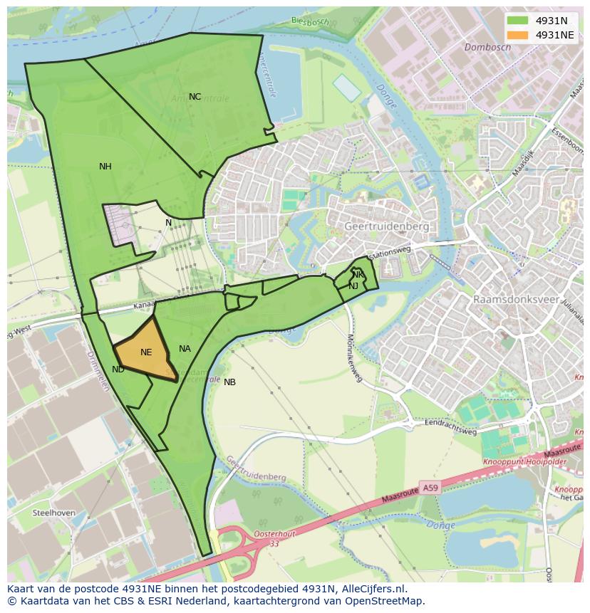 Afbeelding van het postcodegebied 4931 NE op de kaart.