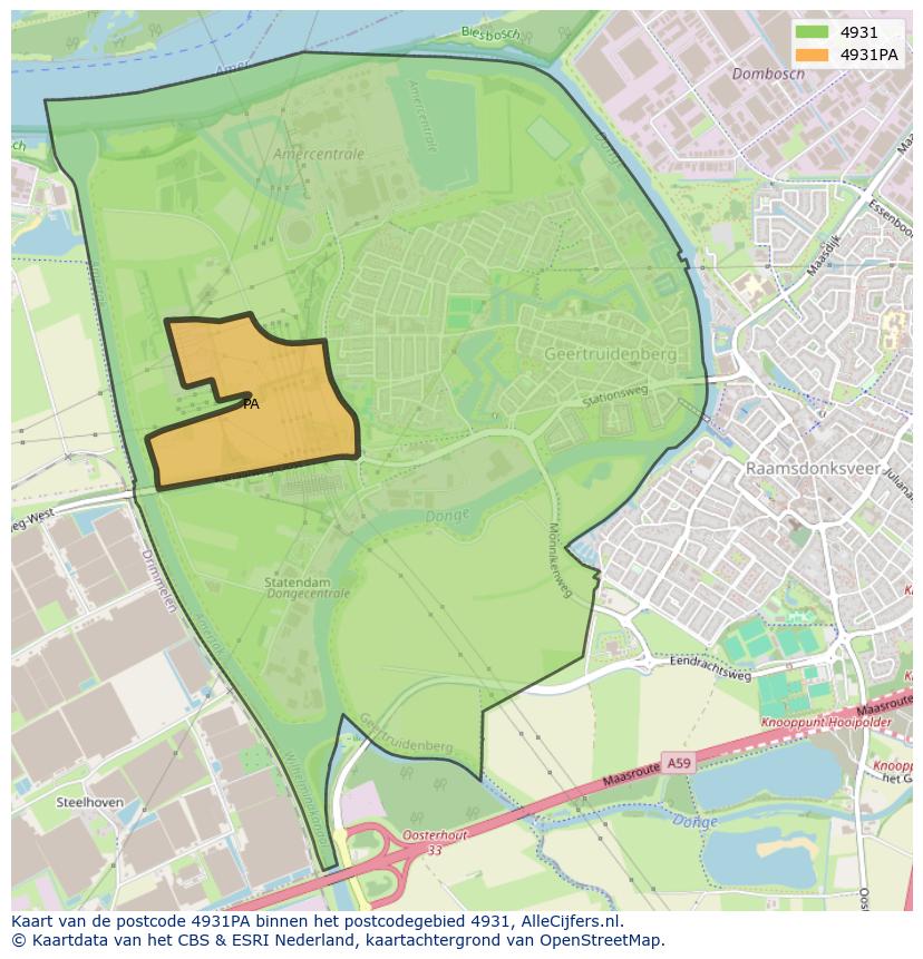 Afbeelding van het postcodegebied 4931 PA op de kaart.