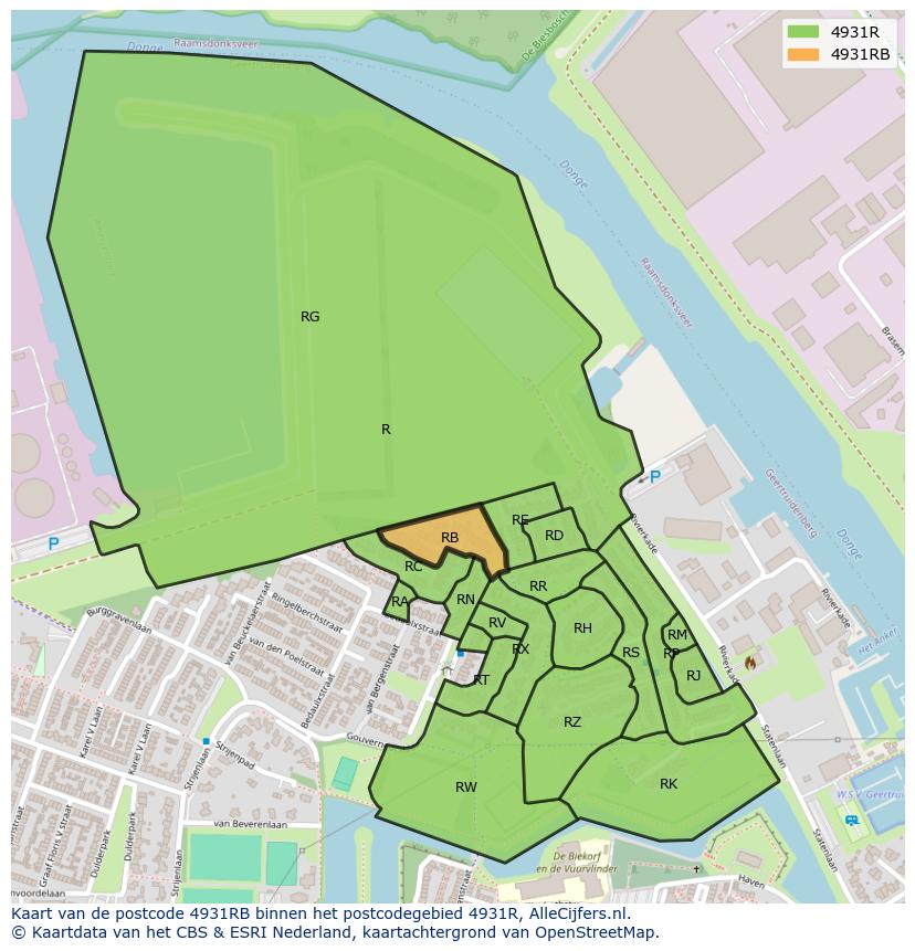 Afbeelding van het postcodegebied 4931 RB op de kaart.
