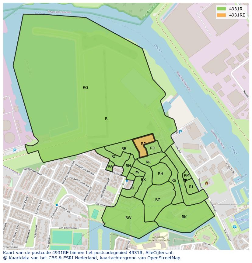 Afbeelding van het postcodegebied 4931 RE op de kaart.