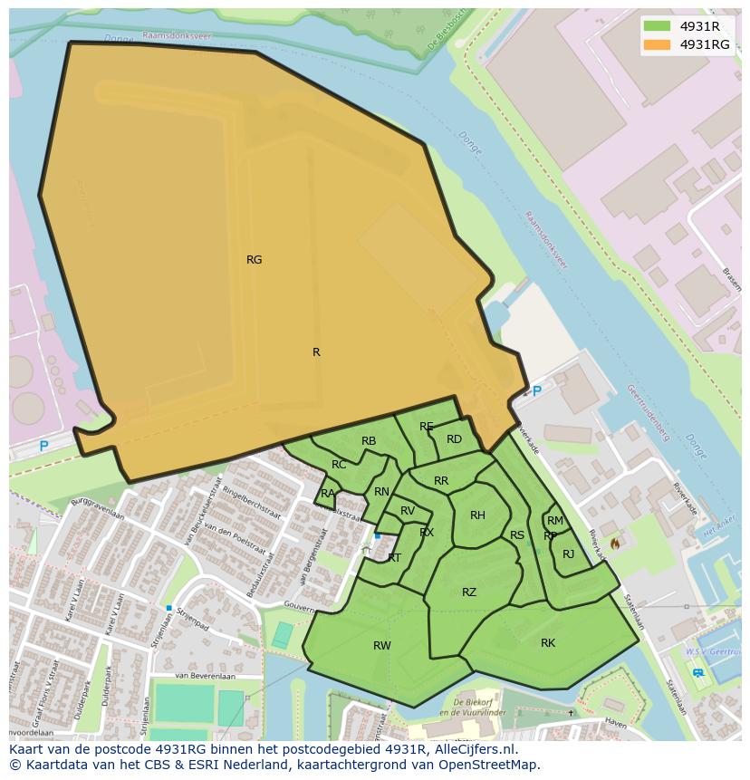 Afbeelding van het postcodegebied 4931 RG op de kaart.