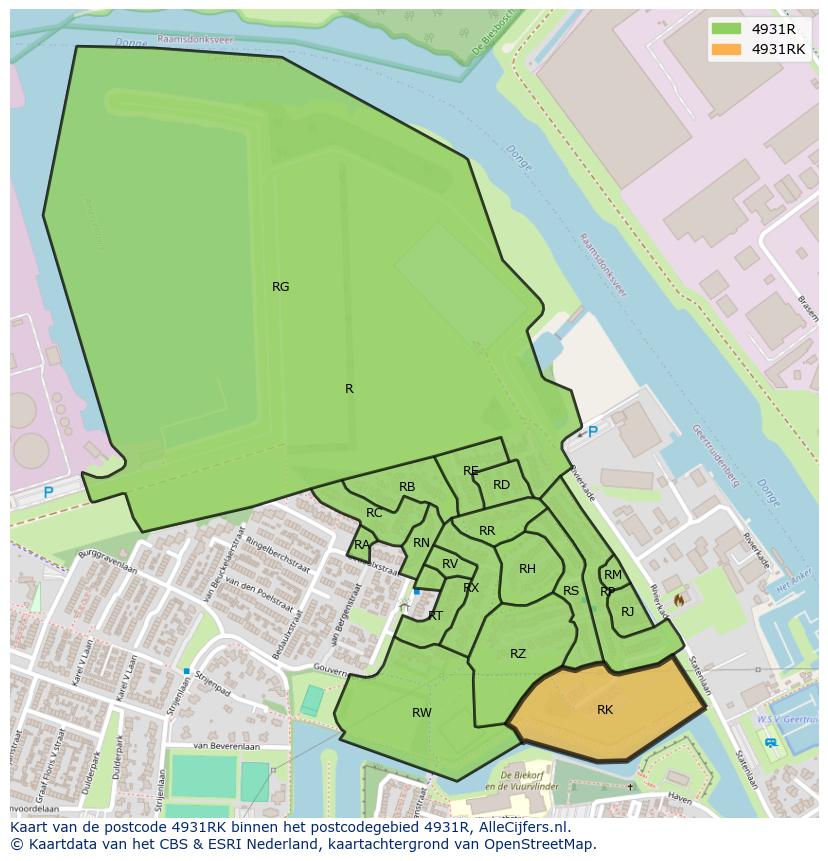 Afbeelding van het postcodegebied 4931 RK op de kaart.