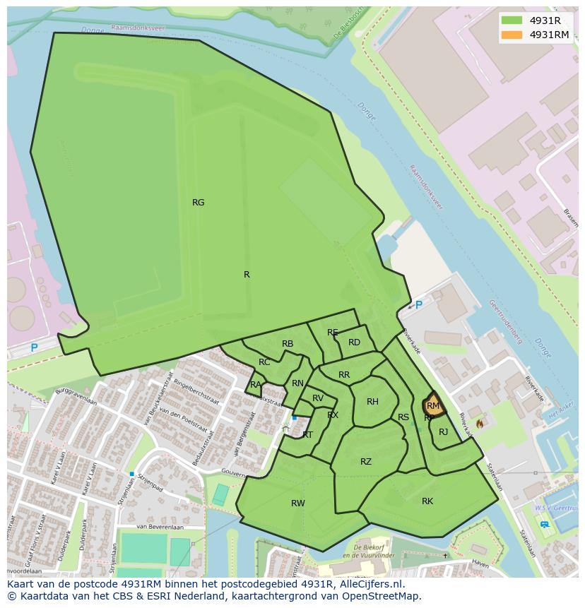 Afbeelding van het postcodegebied 4931 RM op de kaart.