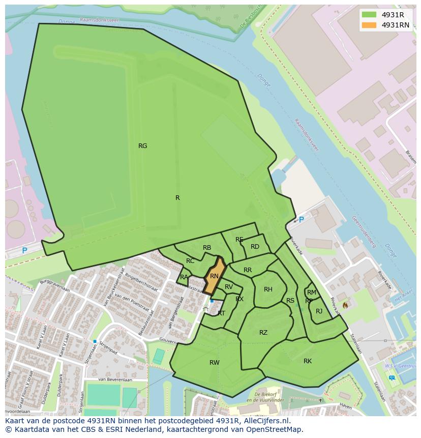 Afbeelding van het postcodegebied 4931 RN op de kaart.