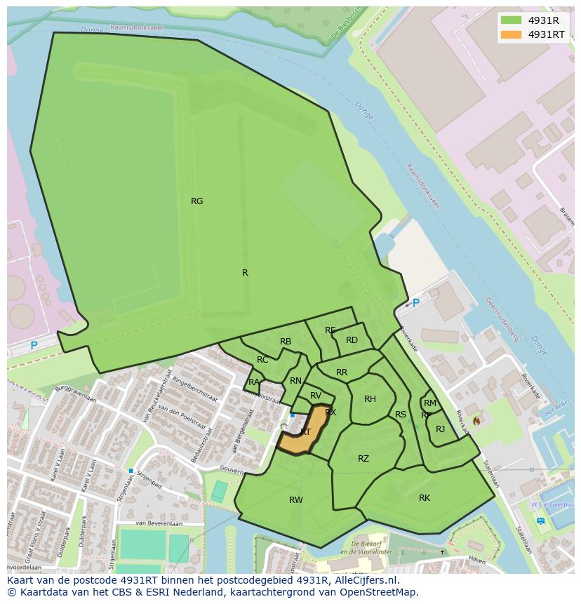 Afbeelding van het postcodegebied 4931 RT op de kaart.