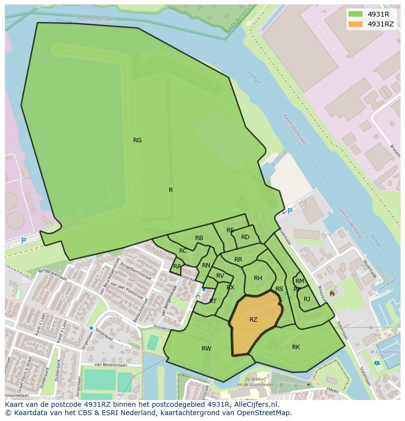 Afbeelding van het postcodegebied 4931 RZ op de kaart.