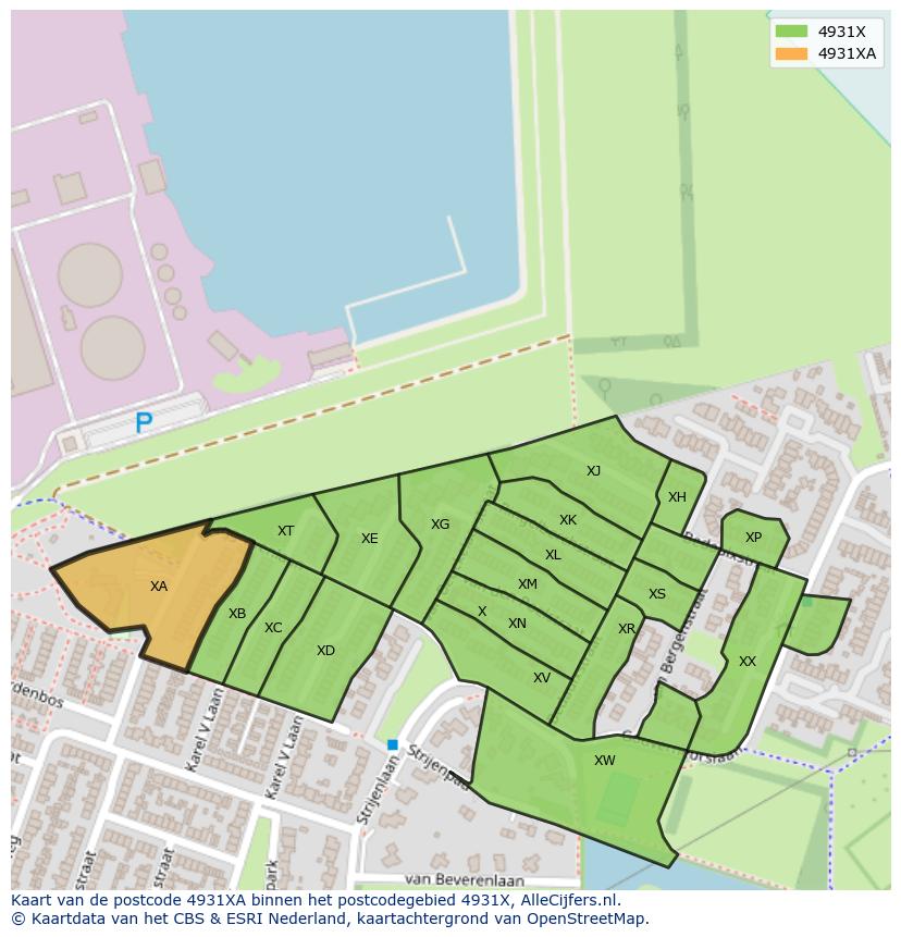 Afbeelding van het postcodegebied 4931 XA op de kaart.
