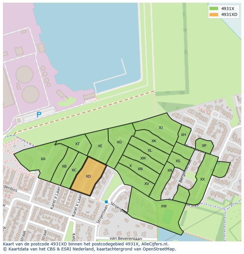 Afbeelding van het postcodegebied 4931 XD op de kaart.