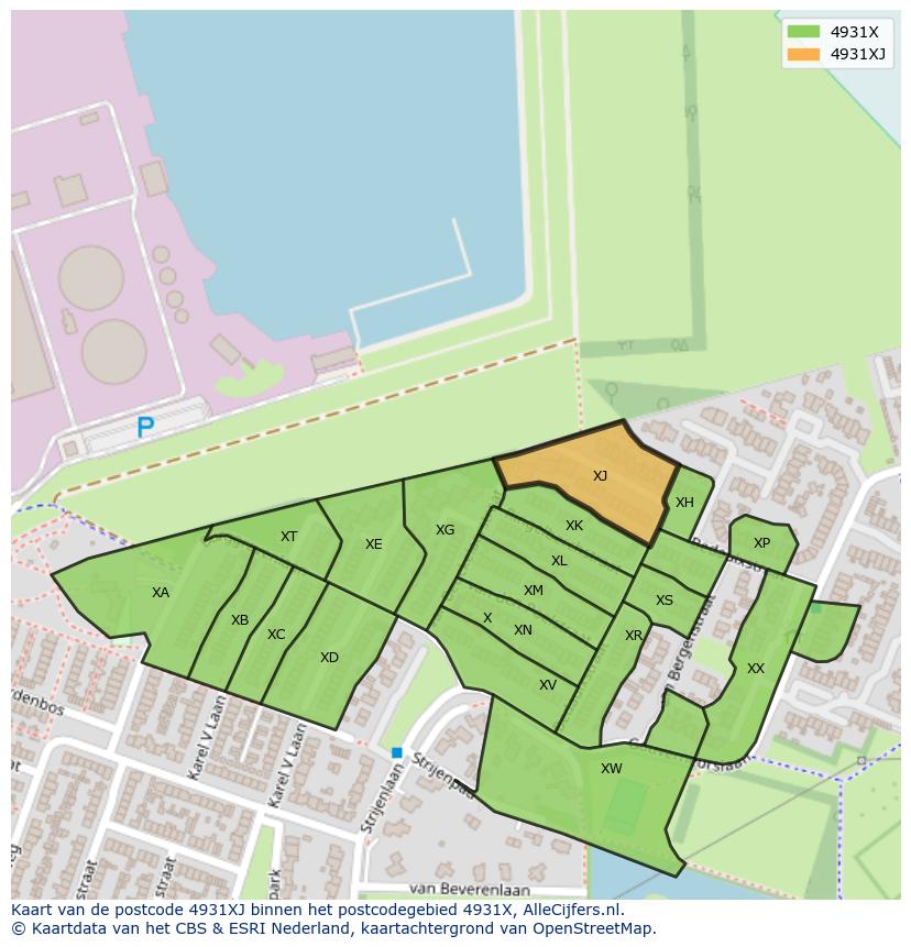Afbeelding van het postcodegebied 4931 XJ op de kaart.