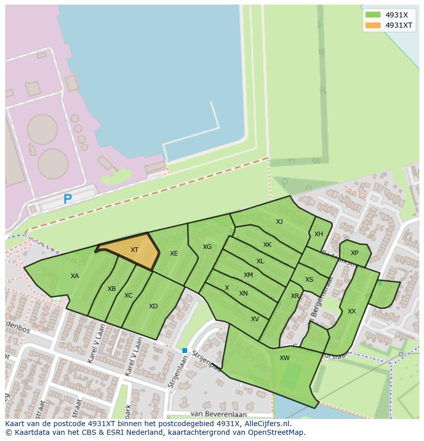Afbeelding van het postcodegebied 4931 XT op de kaart.