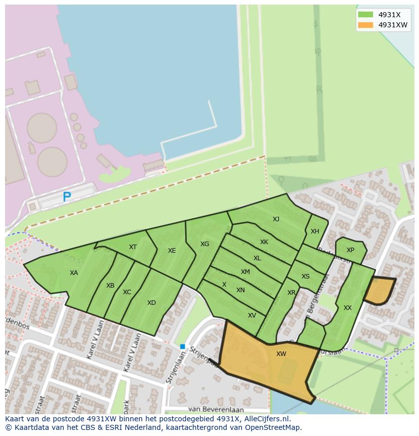 Afbeelding van het postcodegebied 4931 XW op de kaart.