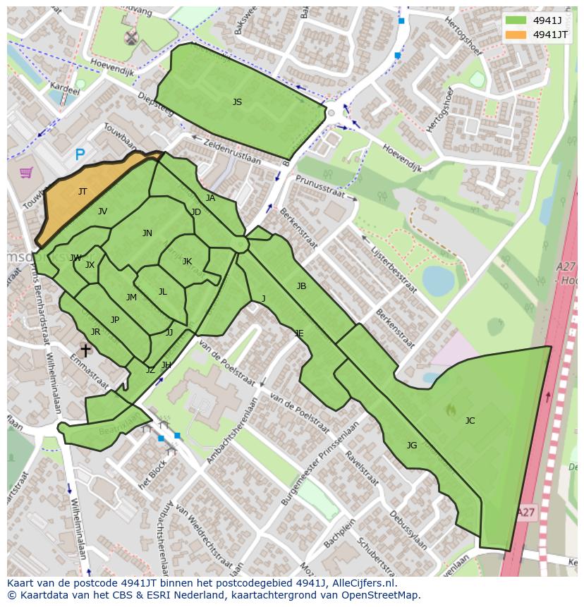 Afbeelding van het postcodegebied 4941 JT op de kaart.