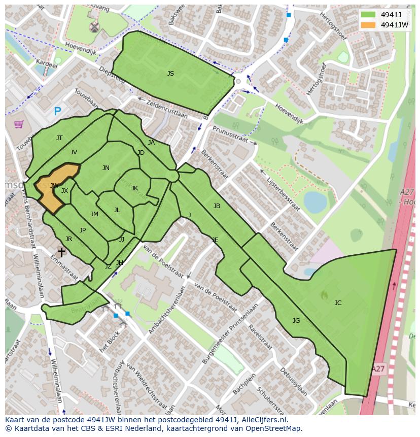 Afbeelding van het postcodegebied 4941 JW op de kaart.