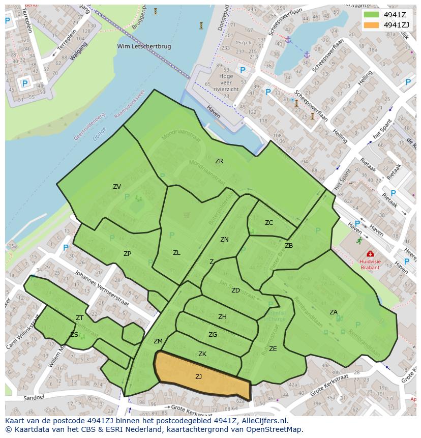 Afbeelding van het postcodegebied 4941 ZJ op de kaart.
