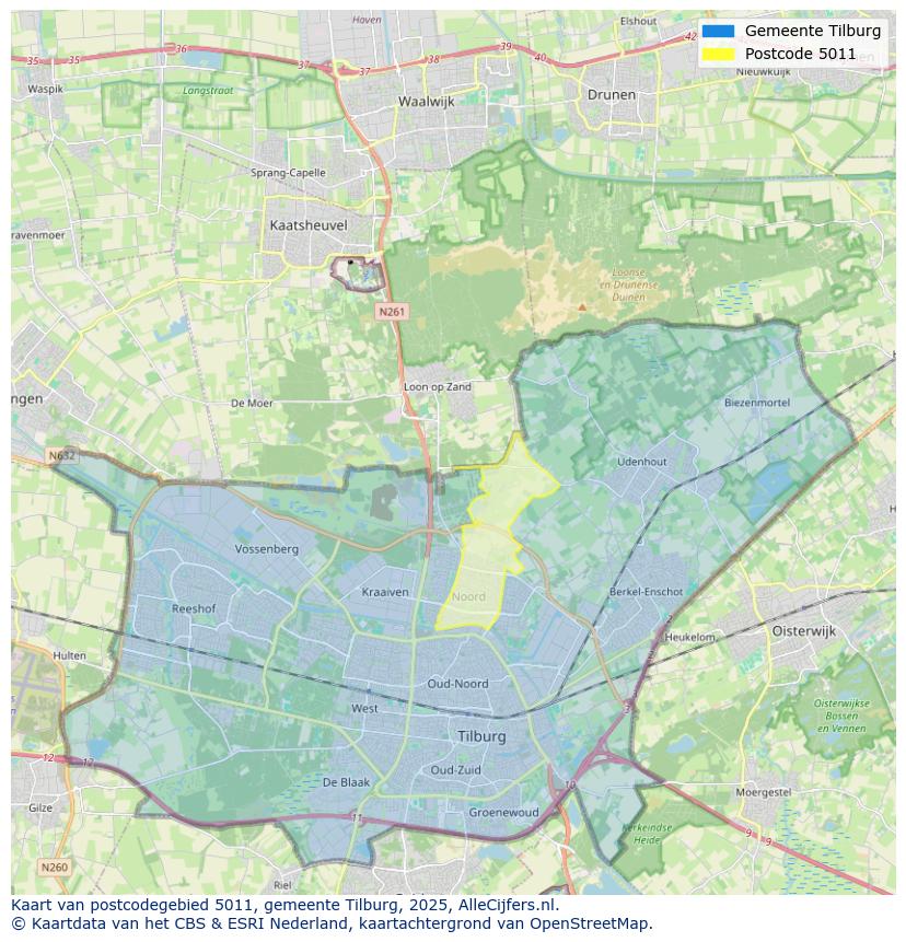 Afbeelding van het postcodegebied 5011 op de kaart.
