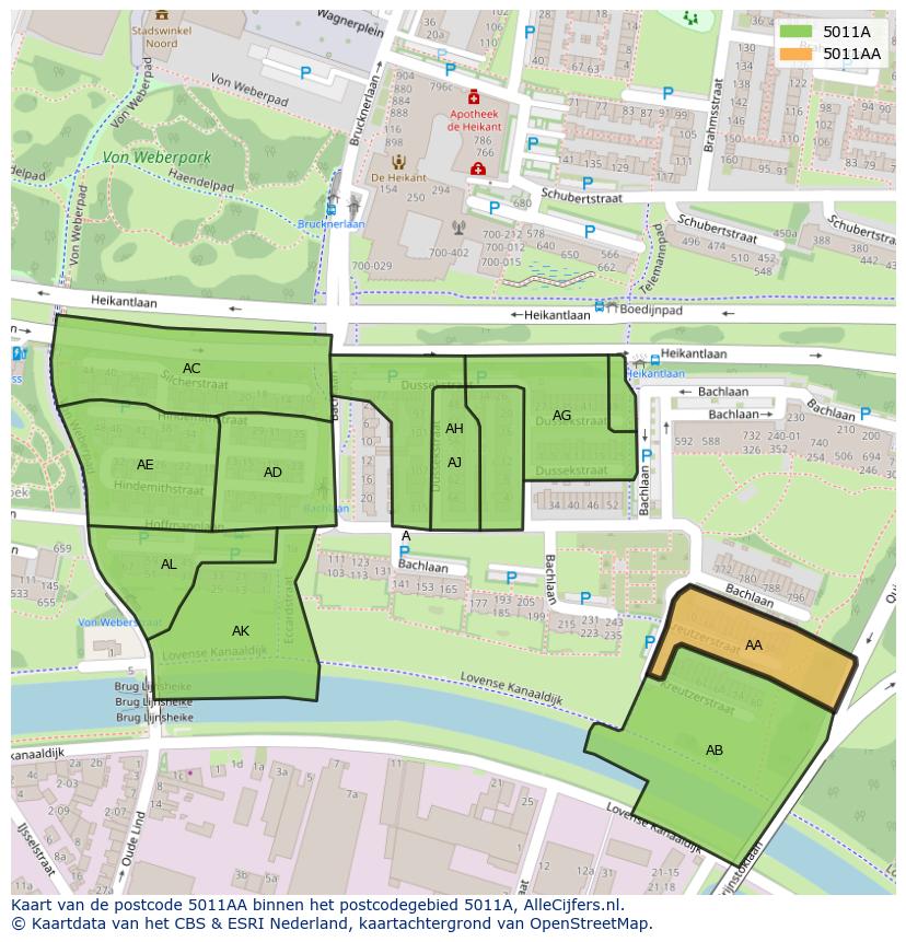 Afbeelding van het postcodegebied 5011 AA op de kaart.