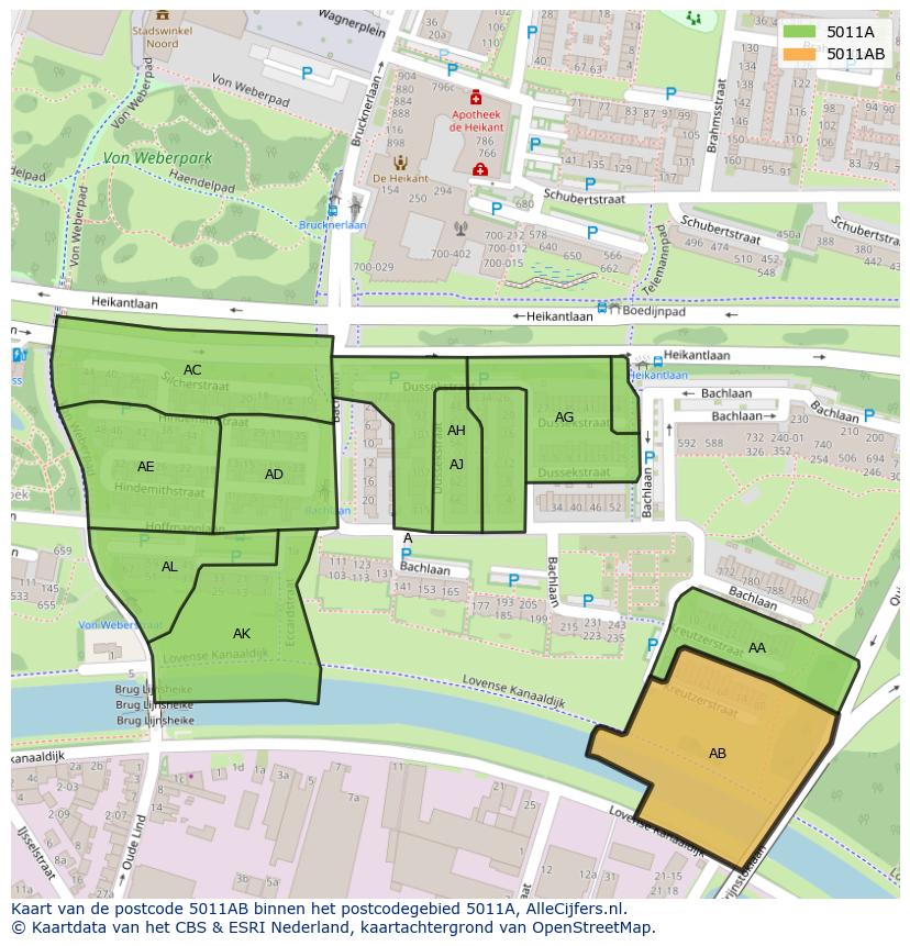 Afbeelding van het postcodegebied 5011 AB op de kaart.