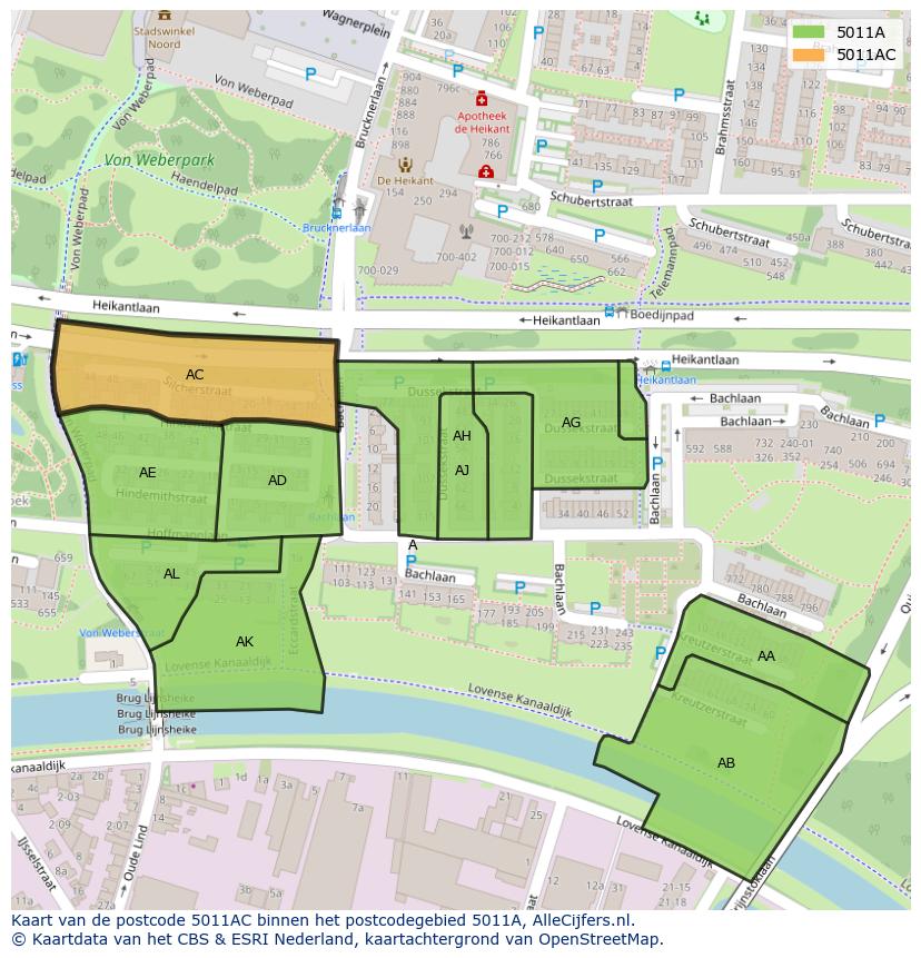 Afbeelding van het postcodegebied 5011 AC op de kaart.