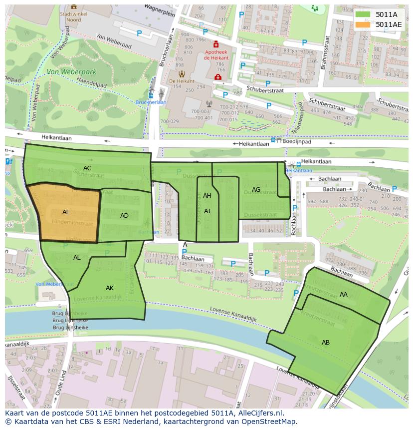 Afbeelding van het postcodegebied 5011 AE op de kaart.