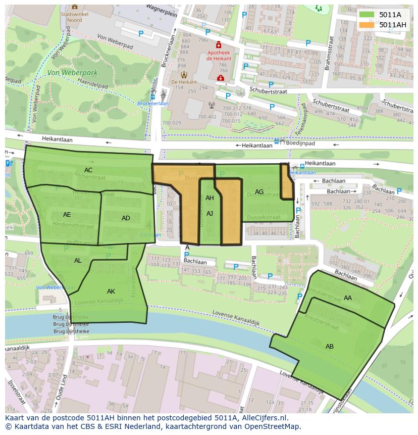 Afbeelding van het postcodegebied 5011 AH op de kaart.