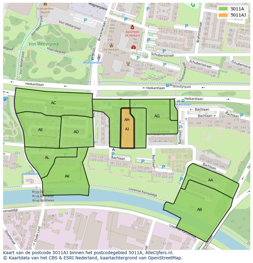 Afbeelding van het postcodegebied 5011 AJ op de kaart.