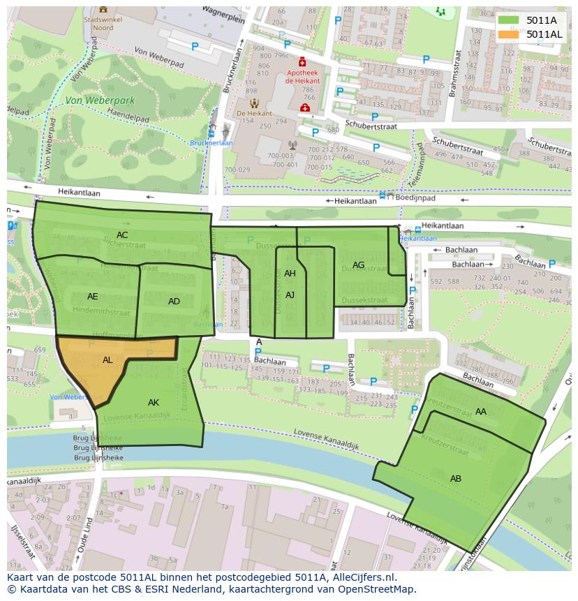 Afbeelding van het postcodegebied 5011 AL op de kaart.