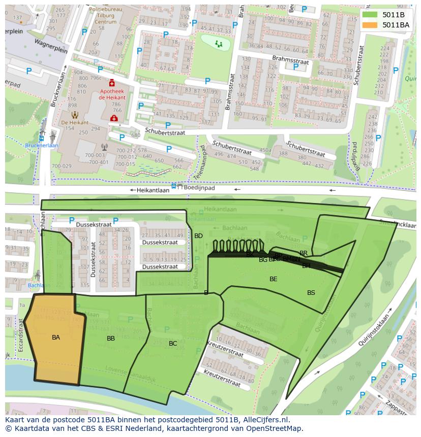 Afbeelding van het postcodegebied 5011 BA op de kaart.