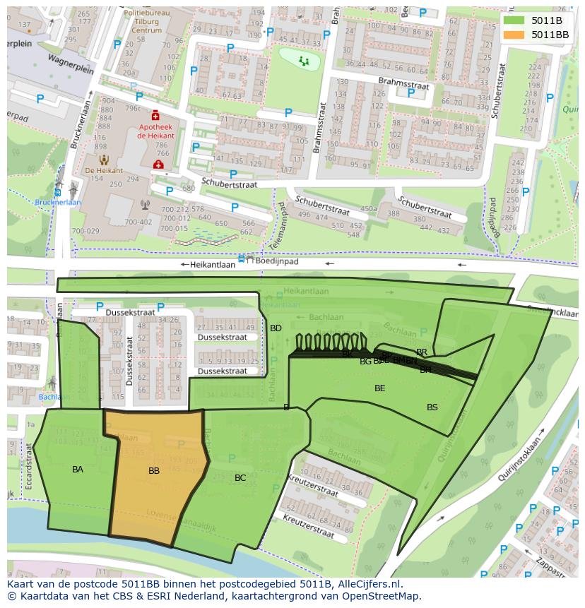 Afbeelding van het postcodegebied 5011 BB op de kaart.