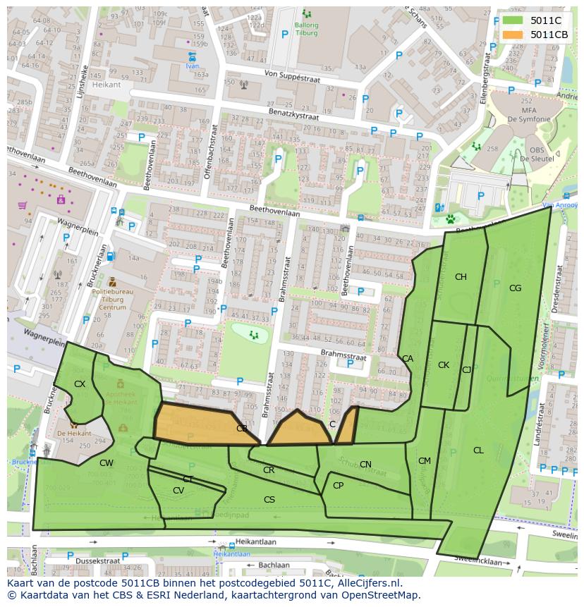 Afbeelding van het postcodegebied 5011 CB op de kaart.