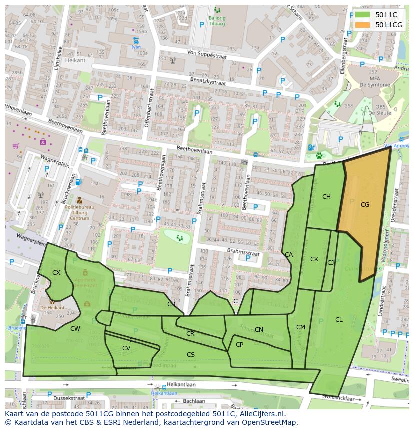 Afbeelding van het postcodegebied 5011 CG op de kaart.