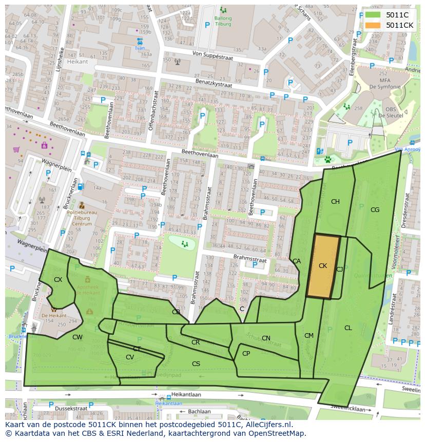 Afbeelding van het postcodegebied 5011 CK op de kaart.