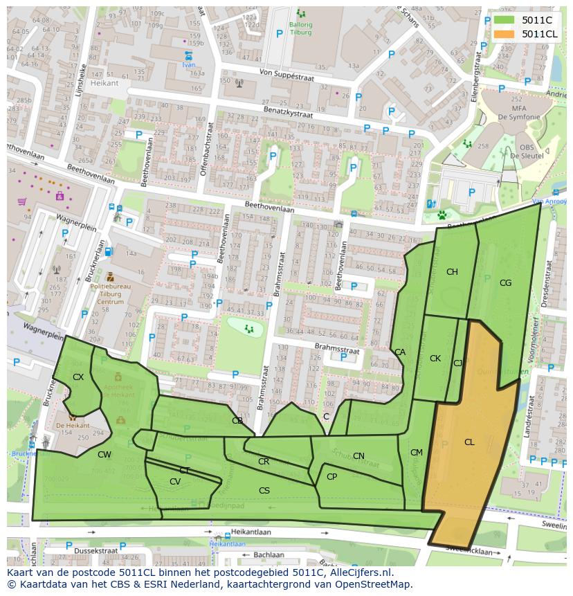 Afbeelding van het postcodegebied 5011 CL op de kaart.