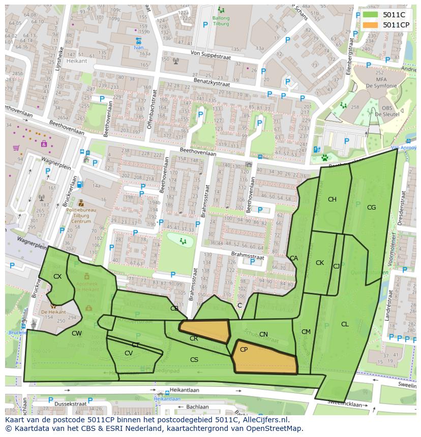 Afbeelding van het postcodegebied 5011 CP op de kaart.
