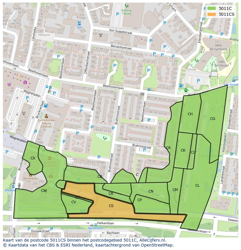 Afbeelding van het postcodegebied 5011 CS op de kaart.