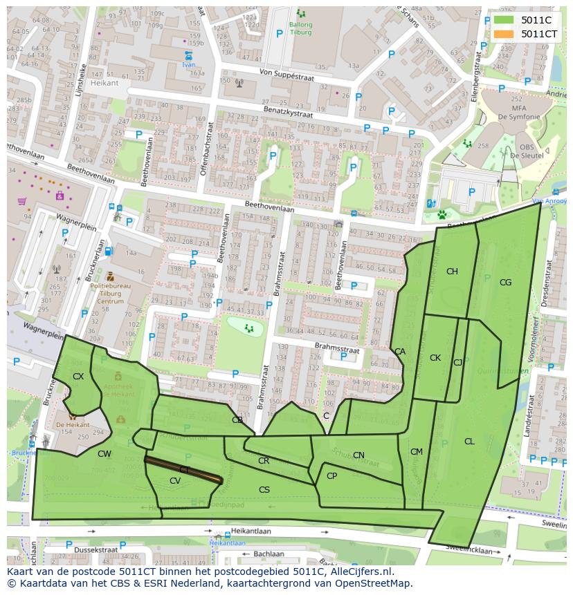 Afbeelding van het postcodegebied 5011 CT op de kaart.