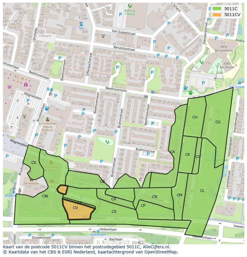 Afbeelding van het postcodegebied 5011 CV op de kaart.
