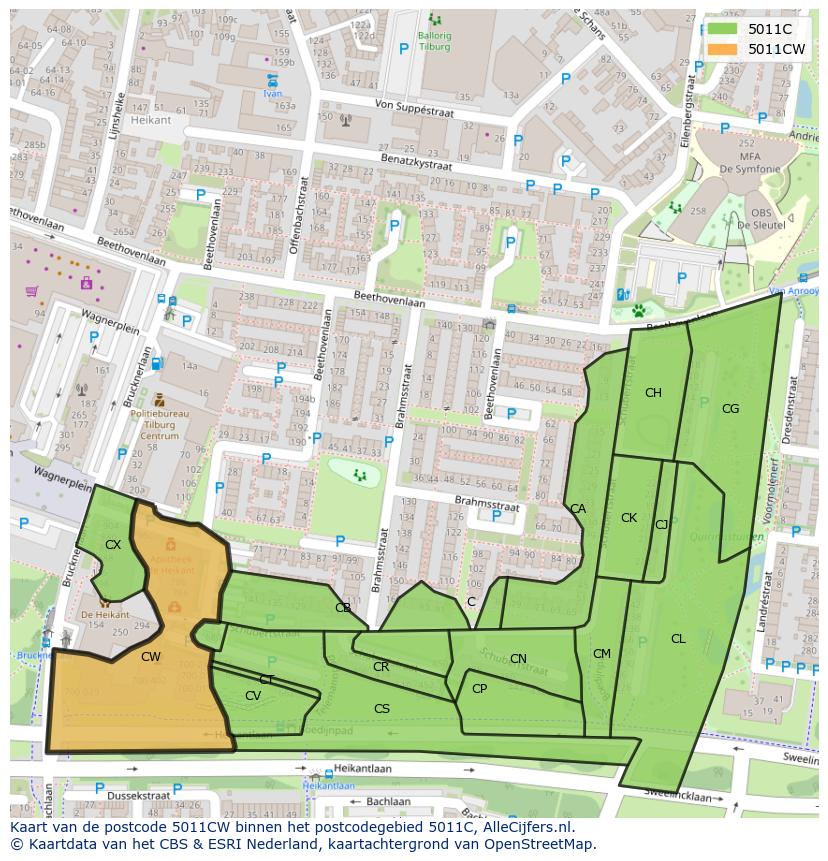 Afbeelding van het postcodegebied 5011 CW op de kaart.