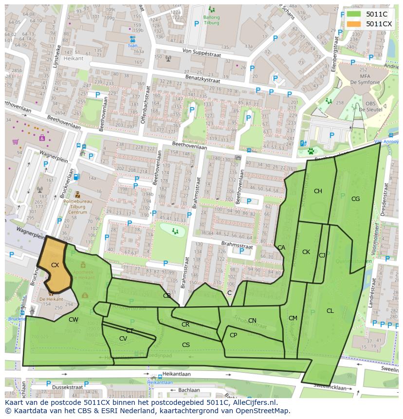 Afbeelding van het postcodegebied 5011 CX op de kaart.